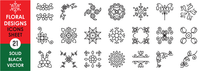 A set of line icons related to floral designs. Flowers, decoration, boarder, tulip, menu, ornamental, square, rounded and so on. Vector outline icons set.