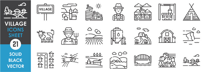 A set of line icons related to village. Suburban, village, rural, far, tent, villager, farm, cattle, water well, barn, road, green, beautiful and so on. Vector outline icons set.