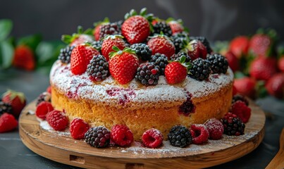 Freshly Baked Strawberry and Blackberry Cake With Powdered Sugar