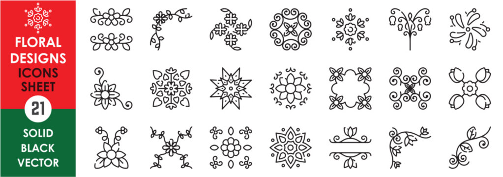 A set of line icons related to floral designs. Flowers, decoration, boarder, tulip, menu, ornamental, square, rounded and so on. Vector outline icons set.