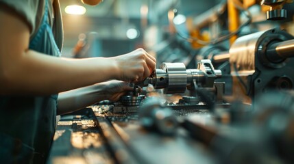 Close-up of a Machinist Working on a Lathe Machine - Generative AI
