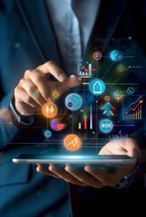 Digital marketing businessman using tablet digital technology icons online sales advertising concept 