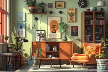 Mock-up poster with a hipster background and hipster decorations, created using 3D rendering and illustration techniques