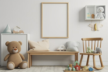 Modern and design Scandinavian interior of a kid's room with a wooden bench, armchair, mock-up poster frame
