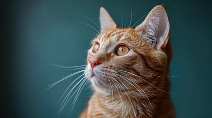 Overweight Cat Looking to Side on Green Background: Studio Shot with Copy Space

