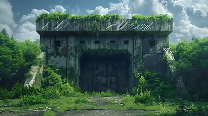 Hollywood style Movie Tone dramatic A photorealistic image of a decommissioned nuclear launch site, overgrown with vegetation, symbolizing the triumph of peace over nuclear weapons. sharp focus and