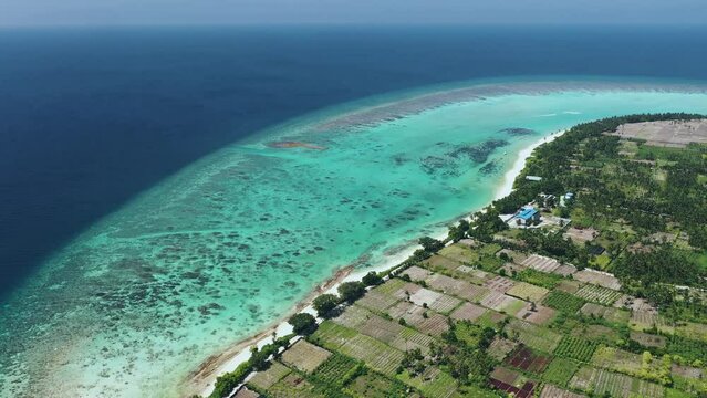 Aerial view of tropical island with fields, reef, and houses by the lagoon, Thoddoo Atoll, Maldives.