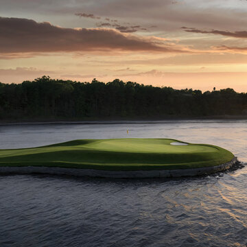 a photorealistic image of a stunning par 3 golf hole with an island green against sunset backdrop.