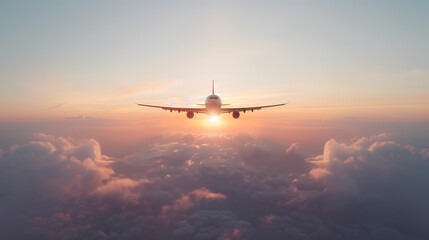 Large plane flying against the background of the sunset sky