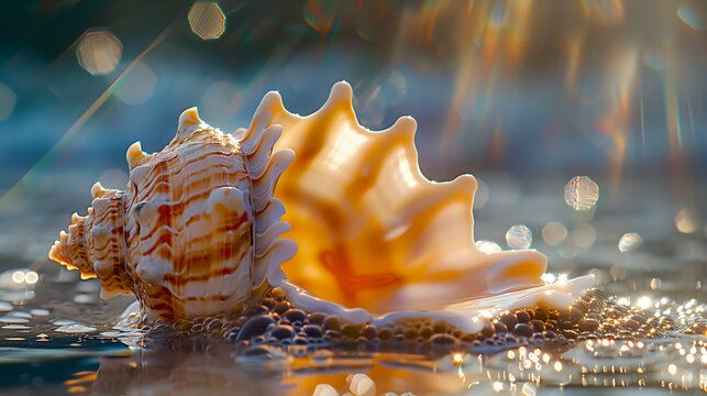 Closeup of a large shell surrounded by foaming water