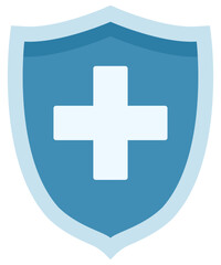 Flat icon of medical health protection shield with cross isolated on white background.