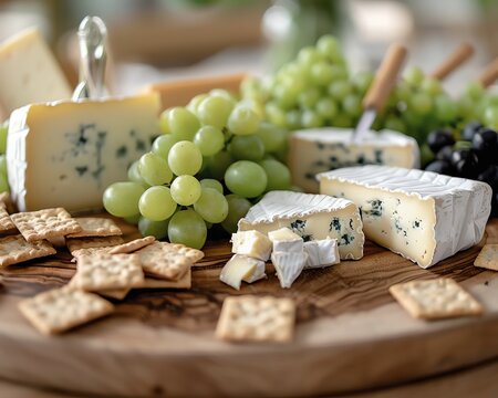 Assorted cheeses with grapes and crackers on a wooden board, perfect for a gourmet snack or appetizer spread.