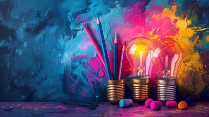 Colorful art supplies including pencils and light bulbs against a vibrant painted background, symbolizing creativity and innovation.