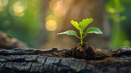 Tiny sprout growing within a dead tree trunk, representing the renewal and force of life in nature