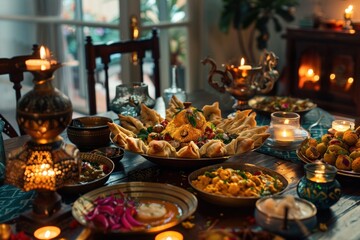 Naklejka premium Joyous Diwali Celebration, Friends and Family Gathered Around a Table of Traditional Dishes in a Beautifully Decorated Dining Room