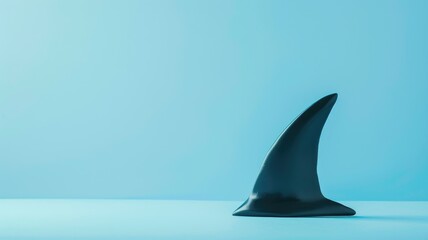 Fototapeta premium Shark fin emerging from calm, clear blue water against light background