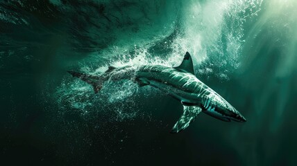 Fototapeta premium Great white shark swimming in turbulent ocean water