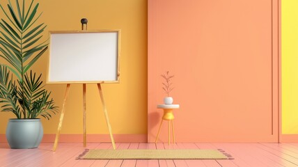  Modern podium with an easel displaying a product against a colorful background.