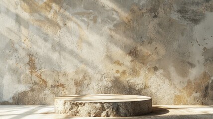 Modern podium set against a rustic old wall with natural light.