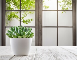 Green echeveria succulent plant in white pot on white table beside big window background ,copy space 
