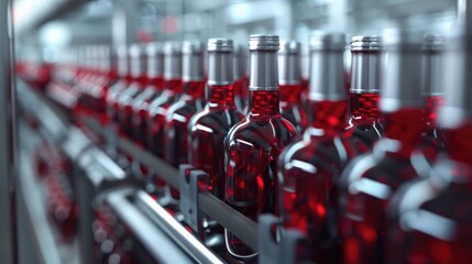 Red Wine Bottle Filling Line in a Wine Factory: Food Industry Process