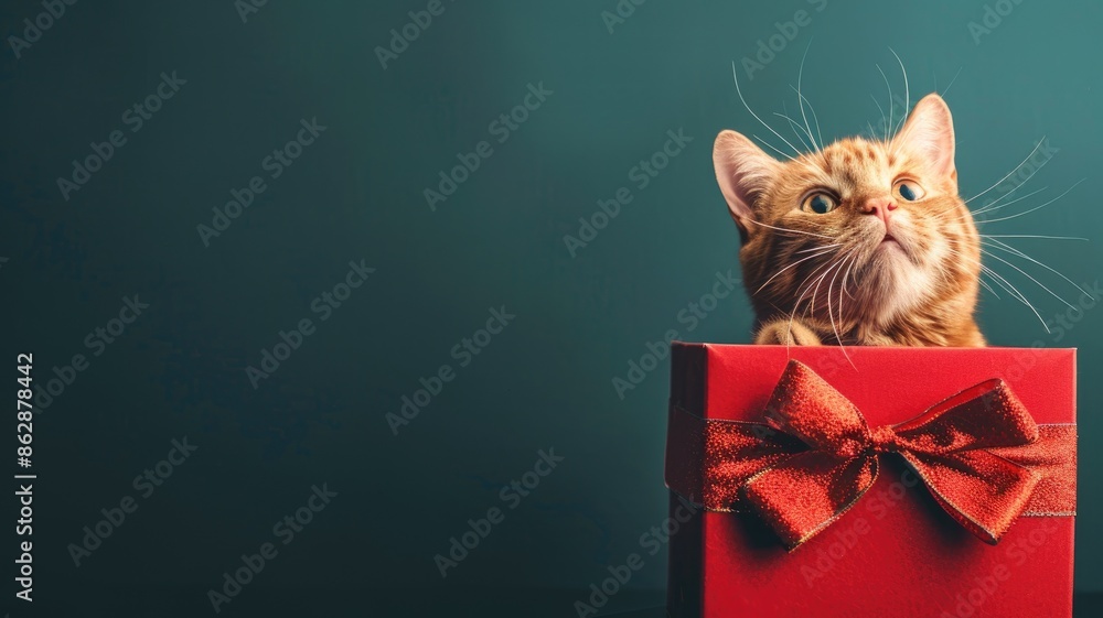 Wall mural  Cat looking out of a gift box with a red bow against a dark green background.