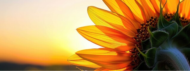 Obraz premium Macro image of individual petals of a sunflower. With the sky clear and the sun setting