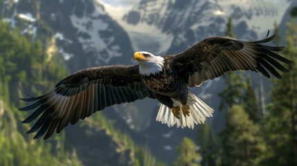 Obraz premium Majestic Bald Eagle Soaring Over Mountainous Landscape