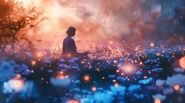 A serene scene with a person in deep meditation
