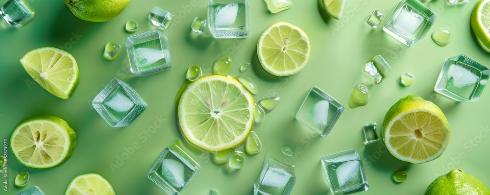 Poster fresh lime slices and ice cubes on a green background creating a refreshing and cool summer vibe