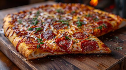 Close Up of Freshly Baked Pepperoni Pizza Slice on Wooden Cutting Board
