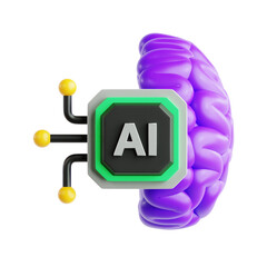 half brain with AI artificial intelligence processor circuit for hybrid human and machine combination technology 3d icon illustration render design