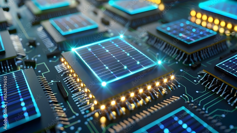 Poster detailed view of an electronic circuit board with microchips and circuits