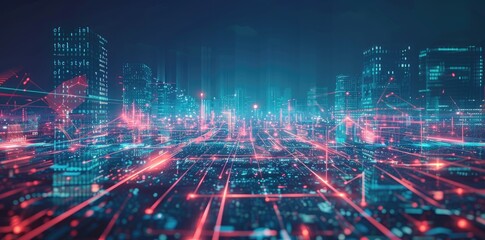 Obraz premium A futuristic cityscape towering with skyscrapers and neon lights at night