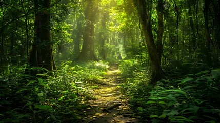 Obraz premium Lush green rainforest with a narrow path leading through it sunlight piercing through the dense canopy