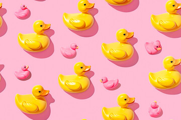 A playful seamless pattern with yellow and pink rubber ducks on a pastel pink background, perfect for children's designs.