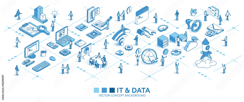 Poster information data technology isometric seamless pattern. database program line 3d icon, people charac