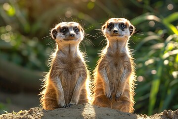 Fototapeta premium Two Meerkats Standing Tall in the Afternoon Sun