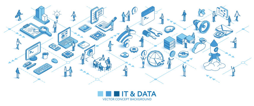 Information data technology isometric seamless pattern. Database program line 3d icon, people character, arrow. Develop business infograph. Vector background teamwork concept illustration. IT journey