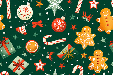 Christmas-themed objects like gingerbread men, candy canes, and ornaments on a green background, forming a festive seamless pattern. Perfect for holiday products and decorations.