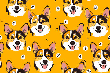 Happy corgi faces on a yellow background, making a cheerful and fun seamless pattern. Ideal for dog-themed products and playful designs.