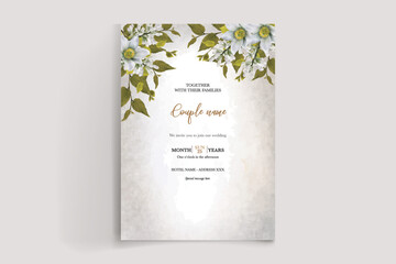 WEDDING INVITATION FRAME WITH FLOWER DECORATIONS AND FRESH LEAVES 