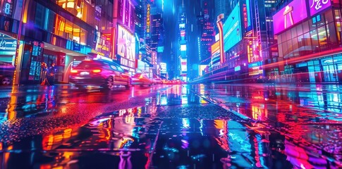 Fototapeta premium A futuristic cityscape towering with skyscrapers and neon lights at night
