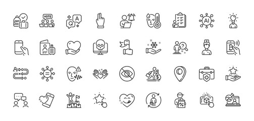 Leadership, Bitcoin pay and Doctor line icons pack. AI, Question and Answer, Map pin icons. People chatting, Volunteer, Cyber attack web icon. Vector