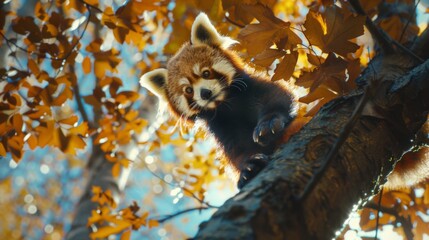Fototapeta premium Curious Red Panda in Autumn Tree - Engaging Wildlife Image for Conservation and Education Campaigns