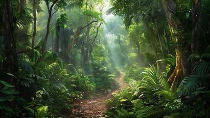 Fototapeta premium Lush green rainforest with a narrow path leading through it sunlight piercing through the dense canopy