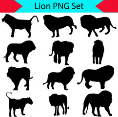 Set of lion silhouette vector illustration on white or transparent background, PNG