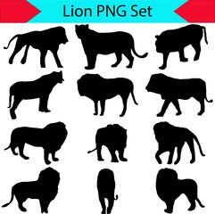 Set of lion silhouette vector illustration on white or transparent background, PNG
