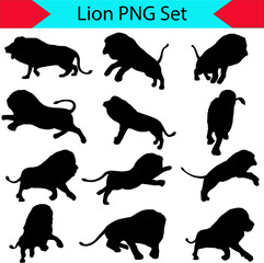 Set of lion silhouette vector illustration on white or transparent background, PNG