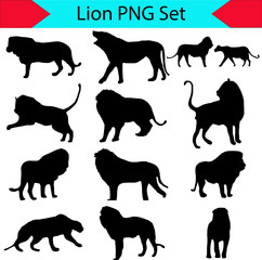 Set of lion silhouette vector illustration on white or transparent background, PNG